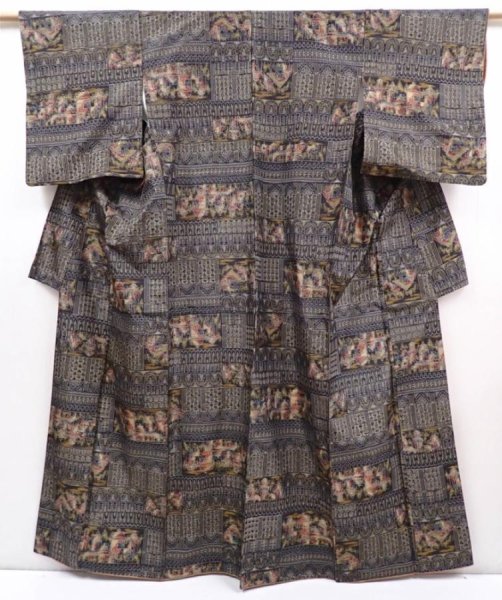 Photo1: 6114T13z730 Vintage Japanese Kimono Silk TSUMUGI Scenery Black (1)