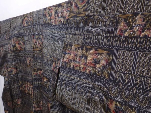 Photo2: 6114T13z730 Vintage Japanese Kimono Silk TSUMUGI Scenery Black (2)