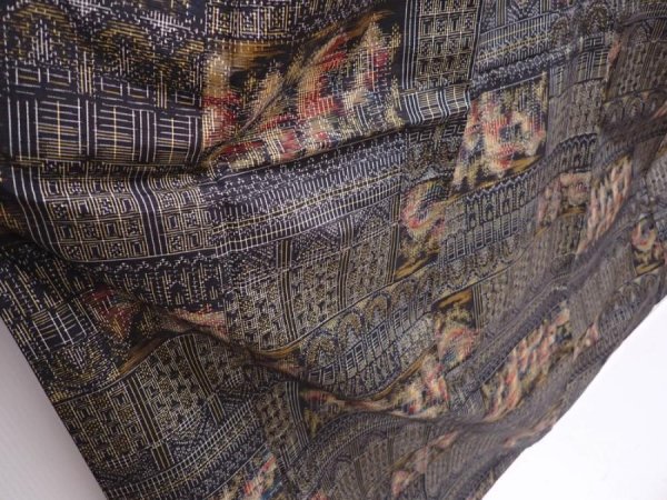 Photo3: 6114T13z730 Vintage Japanese Kimono Silk TSUMUGI Scenery Black (3)