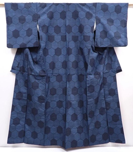 Photo1: 6114T14z710 Vintage Japanese Kimono Silk TSUMUGI Kikko Blue-Gray (1)