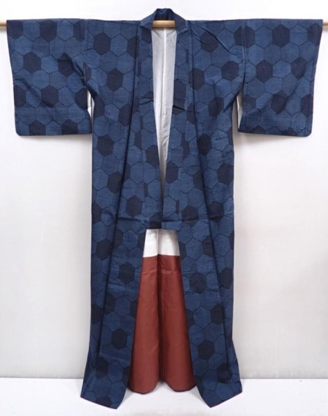 Photo8: 6114T14z710 Vintage Japanese Kimono Silk TSUMUGI Kikko Blue-Gray (8)