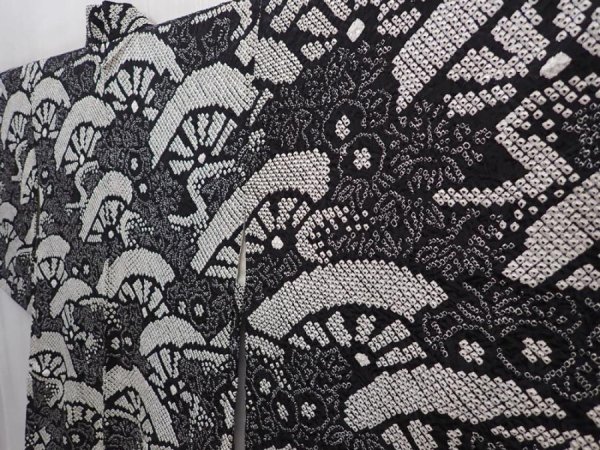 Photo2: 6115T04z560 Vintage Japanese Kimono Silk SHIBORI HAORI  Black (2)