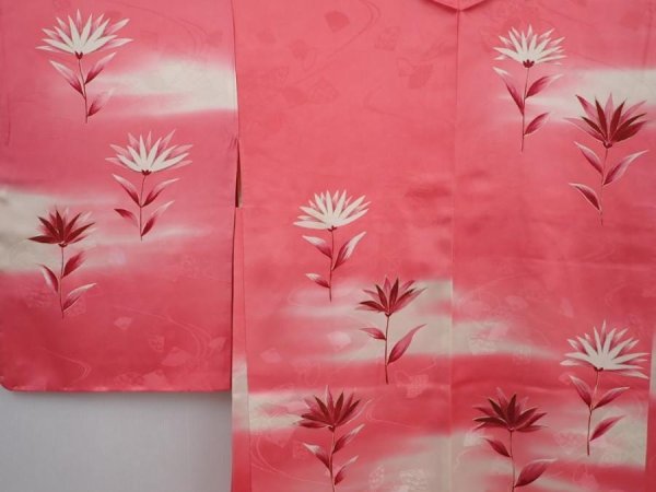 Photo3: 6115T07z470 Vintage Japanese Kimono Silk HAORI Flower Red-Pink (3)