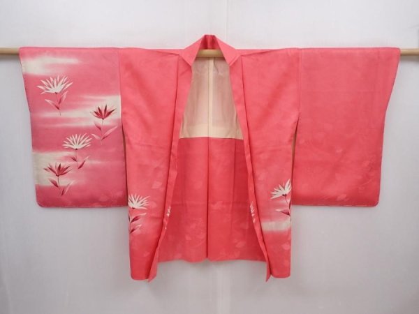 Photo6: 6115T07z470 Vintage Japanese Kimono Silk HAORI Flower Red-Pink (6)