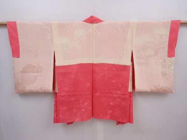 Photo7: 6115T07z470 Vintage Japanese Kimono Silk HAORI Flower Red-Pink (7)