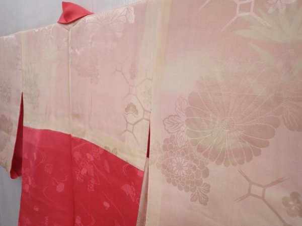 Photo8: 6115T07z470 Vintage Japanese Kimono Silk HAORI Flower Red-Pink (8)