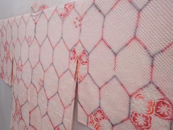 Photo2: 6115T08z550 Vintage Japanese Kimono Silk SHIBORI HAORI Flowers Light pink (2)