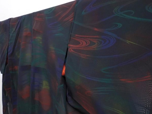 Photo2: 6115T09z480 Vintage Japanese Kimono Silk See through KOMON Stream Black (2)