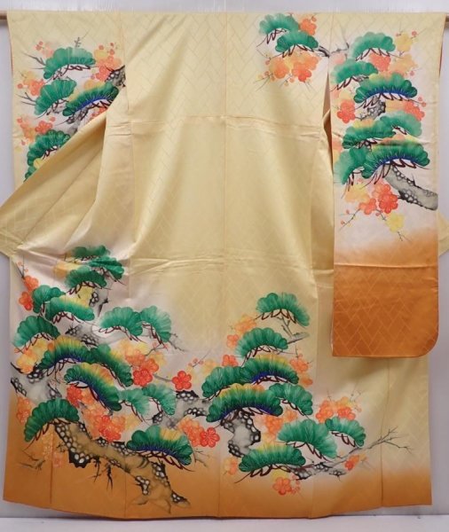 Photo1: 6115T11z1020 Vintage Japanese Kimono Silk FURISODE Pine Dark yellow (1)