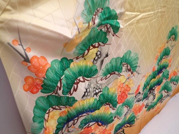 Photo3: 6115T11z1020 Vintage Japanese Kimono Silk FURISODE Pine Dark yellow (3)