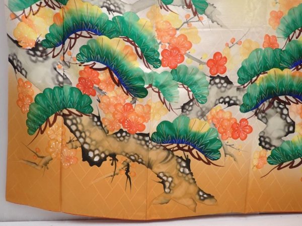 Photo6: 6115T11z1020 Vintage Japanese Kimono Silk FURISODE Pine Dark yellow (6)