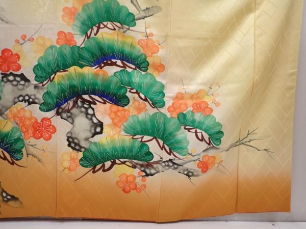 Photo7: 6115T11z1020 Vintage Japanese Kimono Silk FURISODE Pine Dark yellow (7)