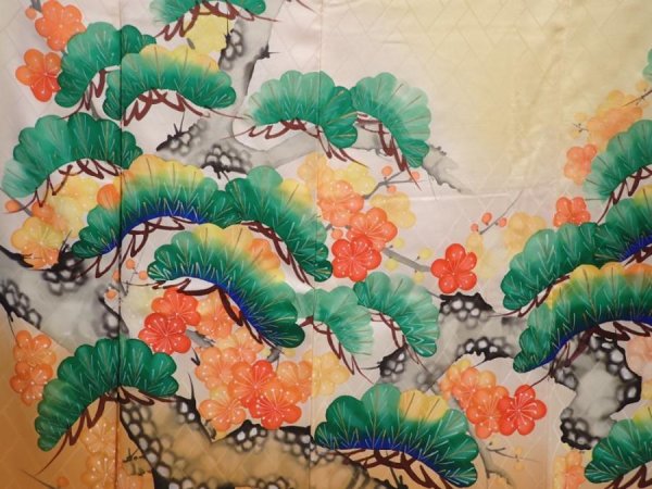 Photo8: 6115T11z1020 Vintage Japanese Kimono Silk FURISODE Pine Dark yellow (8)