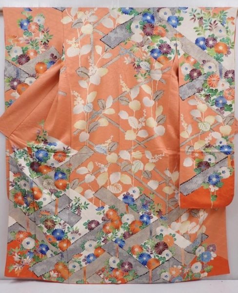 Photo1: 6115T12z1150 Vintage Japanese Kimono Silk FURISODE Flowers Dark coral (1)