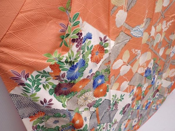 Photo3: 6115T12z1150 Vintage Japanese Kimono Silk FURISODE Flowers Dark coral (3)