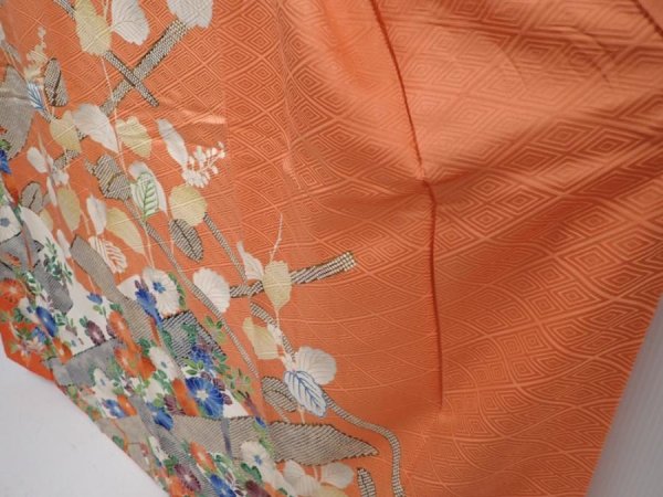 Photo4: 6115T12z1150 Vintage Japanese Kimono Silk FURISODE Flowers Dark coral (4)