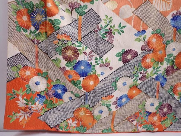 Photo6: 6115T12z1150 Vintage Japanese Kimono Silk FURISODE Flowers Dark coral (6)