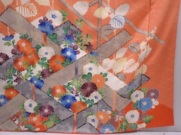 Photo7: 6115T12z1150 Vintage Japanese Kimono Silk FURISODE Flowers Dark coral (7)