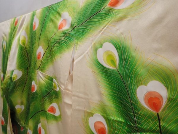 Photo2: 6115T13z1160 Vintage Japanese Kimono Silk FURISODE Peacock feather Off-white (2)