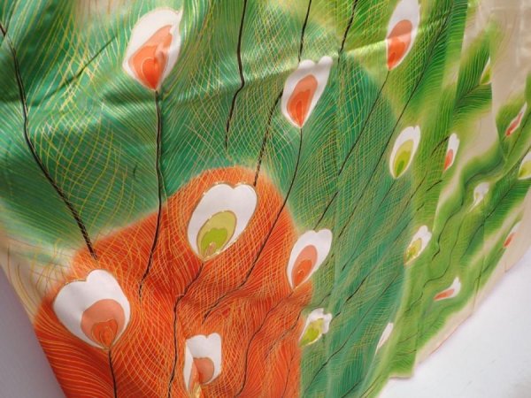 Photo3: 6115T13z1160 Vintage Japanese Kimono Silk FURISODE Peacock feather Off-white (3)