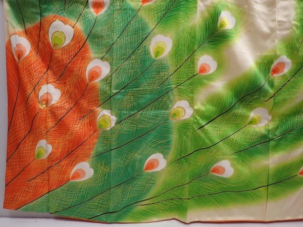 Photo5: 6115T13z1160 Vintage Japanese Kimono Silk FURISODE Peacock feather Off-white (5)