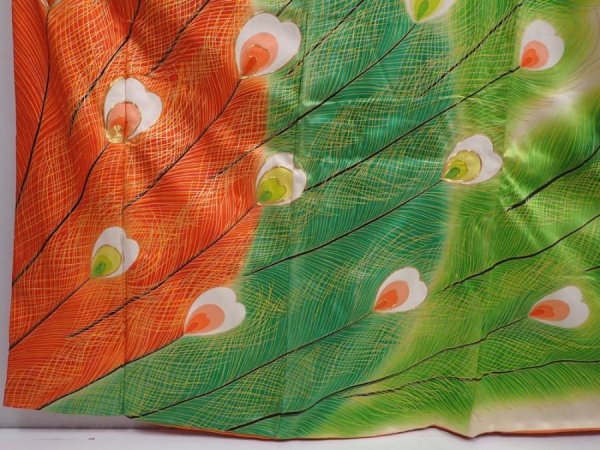Photo6: 6115T13z1160 Vintage Japanese Kimono Silk FURISODE Peacock feather Off-white (6)