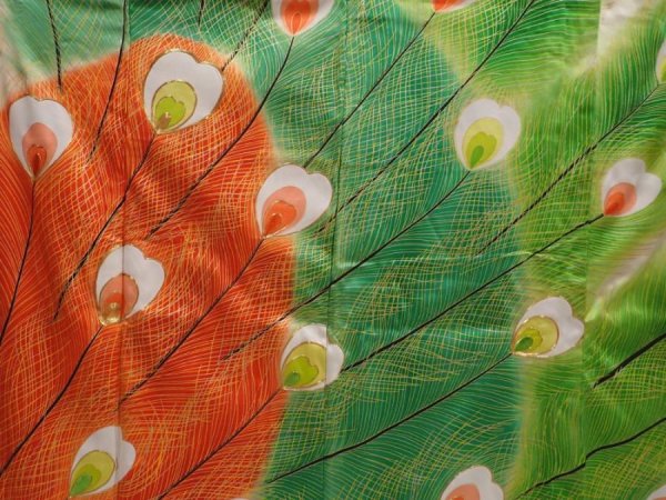 Photo8: 6115T13z1160 Vintage Japanese Kimono Silk FURISODE Peacock feather Off-white (8)