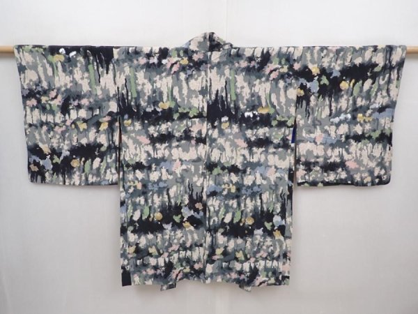 Photo1: 6119T01z420 Vintage Japanese Kimono Silk HAORI  Black (1)