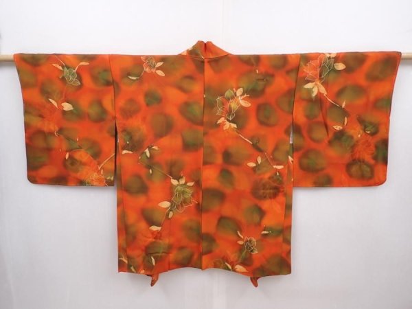 Photo1: 6119T02z580 Vintage Japanese Kimono Silk HAORI Flower Orange-Red (1)