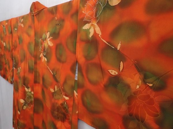 Photo2: 6119T02z580 Vintage Japanese Kimono Silk HAORI Flower Orange-Red (2)