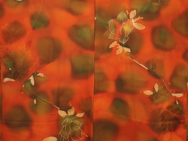 Photo3: 6119T02z580 Vintage Japanese Kimono Silk HAORI Flower Orange-Red (3)