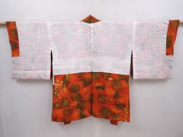 Photo6: 6119T02z580 Vintage Japanese Kimono Silk HAORI Flower Orange-Red (6)