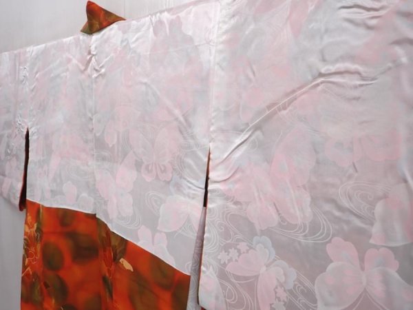 Photo7: 6119T02z580 Vintage Japanese Kimono Silk HAORI Flower Orange-Red (7)