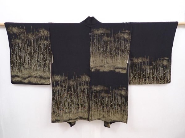 Photo1: 6119T04z620 Vintage Japanese Kimono Silk HAORI Branch Black (1)