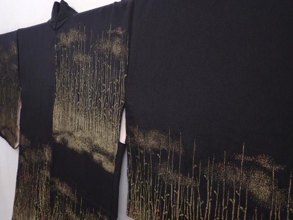 Photo2: 6119T04z620 Vintage Japanese Kimono Silk HAORI Branch Black (2)