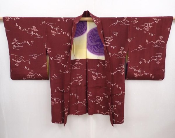 Photo1: 6119T06z480 Vintage Japanese Kimono Silk HAORI Trees Dark grape (1)