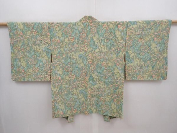 Photo1: 6119T07z570 Vintage Japanese Kimono Silk HAORI  Pistachio green (1)