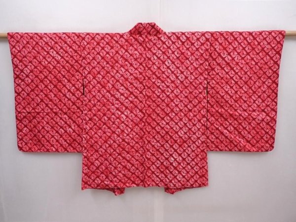 Photo1: 6119T08z310 Vintage Japanese Kimono Silk HAORI  Red-Pink (1)