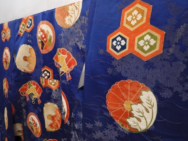 Photo2: 6119T09z1180 Vintage Japanese Kimono Silk FURISODE Folding fan Navy (2)
