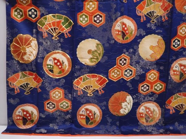 Photo5: 6119T09z1180 Vintage Japanese Kimono Silk FURISODE Folding fan Navy (5)