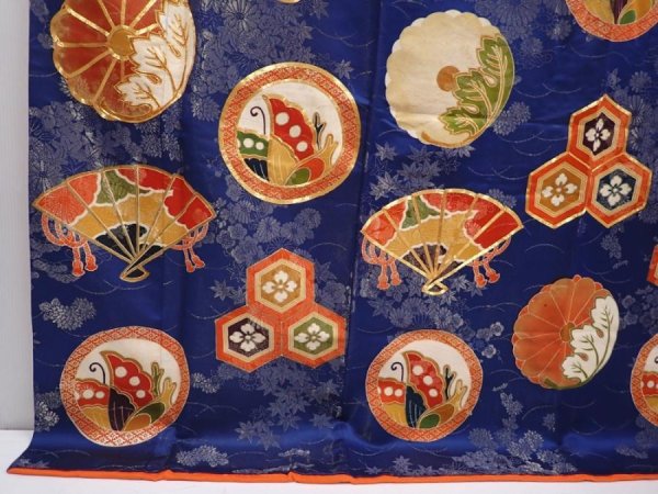 Photo6: 6119T09z1180 Vintage Japanese Kimono Silk FURISODE Folding fan Navy (6)