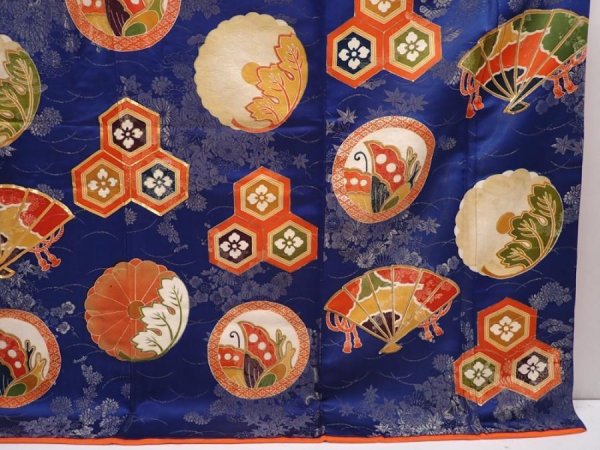 Photo7: 6119T09z1180 Vintage Japanese Kimono Silk FURISODE Folding fan Navy (7)