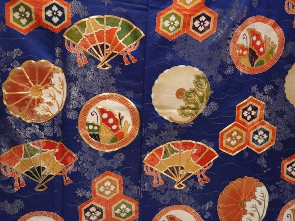 Photo8: 6119T09z1180 Vintage Japanese Kimono Silk FURISODE Folding fan Navy (8)