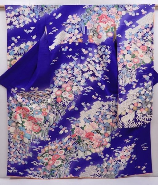 Photo1: 6119T10z1020 Vintage Japanese Kimono Silk FURISODE Flowers Dark lavender (1)