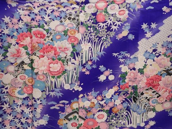 Photo8: 6119T10z1020 Vintage Japanese Kimono Silk FURISODE Flowers Dark lavender (8)