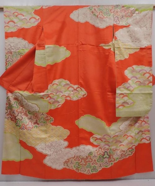 Photo1: 6119T11z1020 Vintage Japanese Kimono Silk FURISODE Cloud Orangered (1)