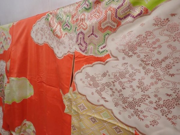 Photo2: 6119T11z1020 Vintage Japanese Kimono Silk FURISODE Cloud Orangered (2)
