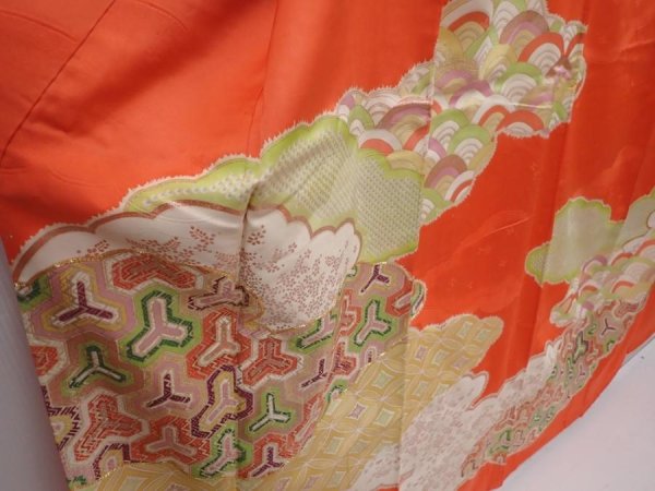 Photo3: 6119T11z1020 Vintage Japanese Kimono Silk FURISODE Cloud Orangered (3)