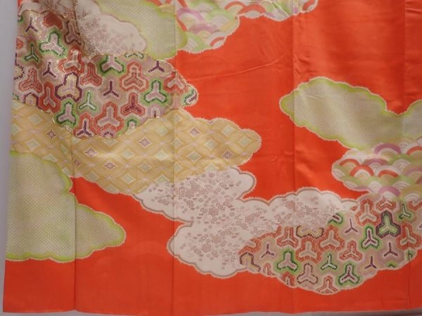 Photo5: 6119T11z1020 Vintage Japanese Kimono Silk FURISODE Cloud Orangered (5)