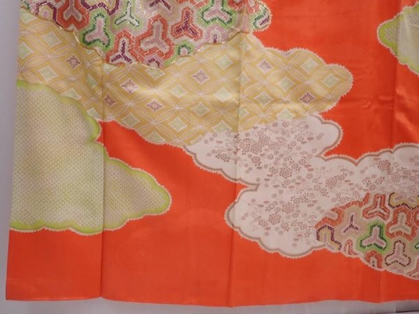 Photo6: 6119T11z1020 Vintage Japanese Kimono Silk FURISODE Cloud Orangered (6)